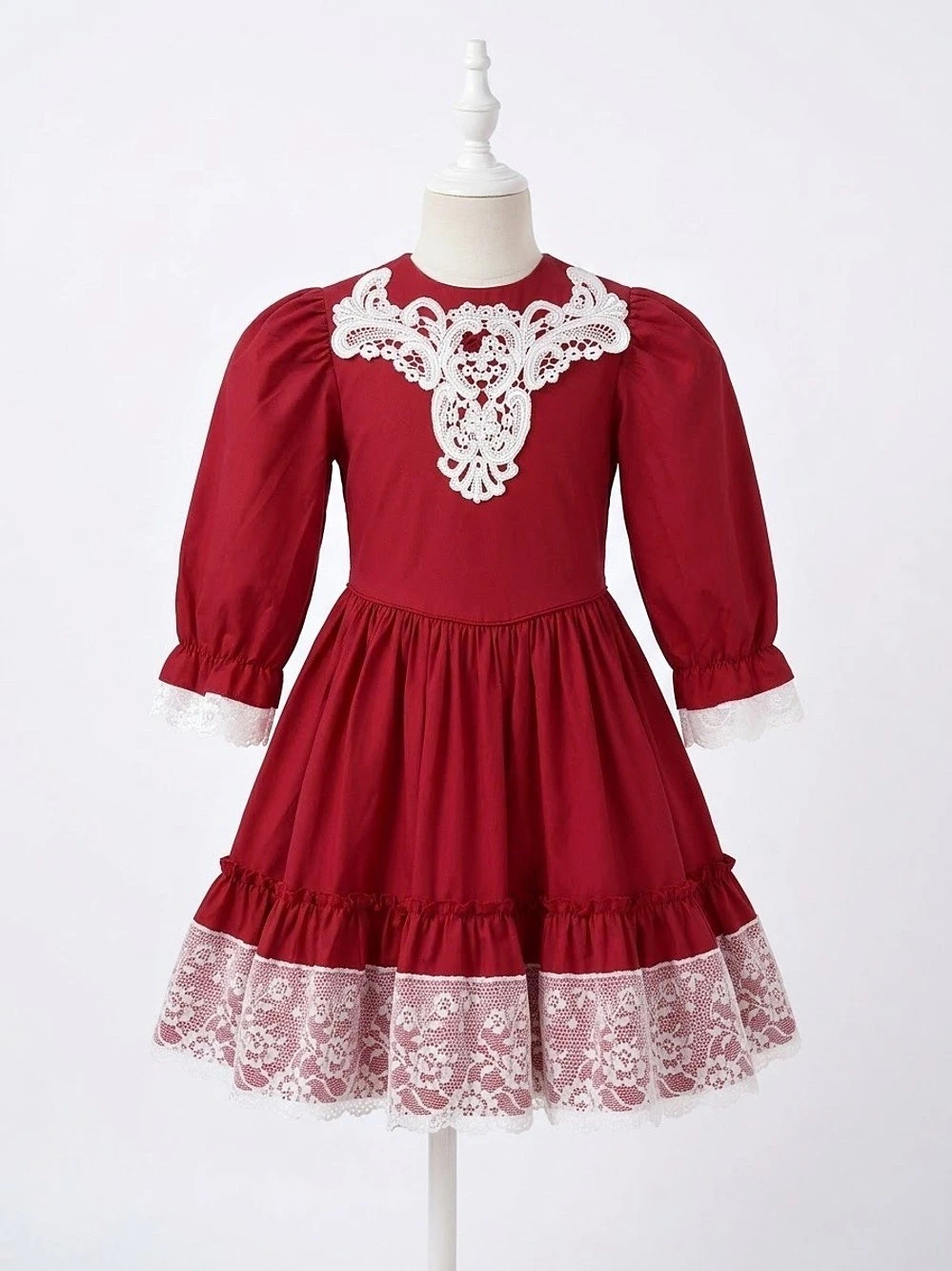 Vintage MinnowKnit Girls Red Embroidered Lace Dress Size Small